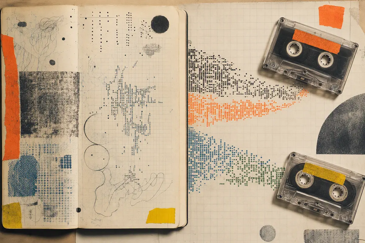 An open graph-paper notebook and two cassette tapes surrounded by diverging fields of colored cellular dots